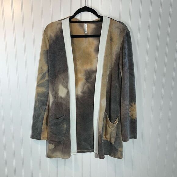 Open Front Tie Dyed Cardigan With Cream Trim Womens Large Brown Classic Workwear - Picture 1 of 10